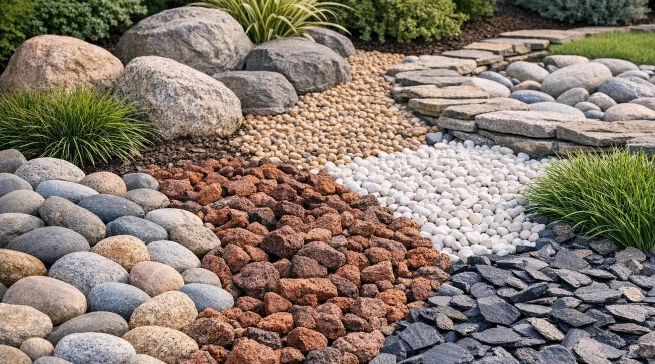 A landscaped yard showcasing river rock, lava rock, pea gravel, white pebbles and slate delivered by Crap Kings across the Treasure Valley